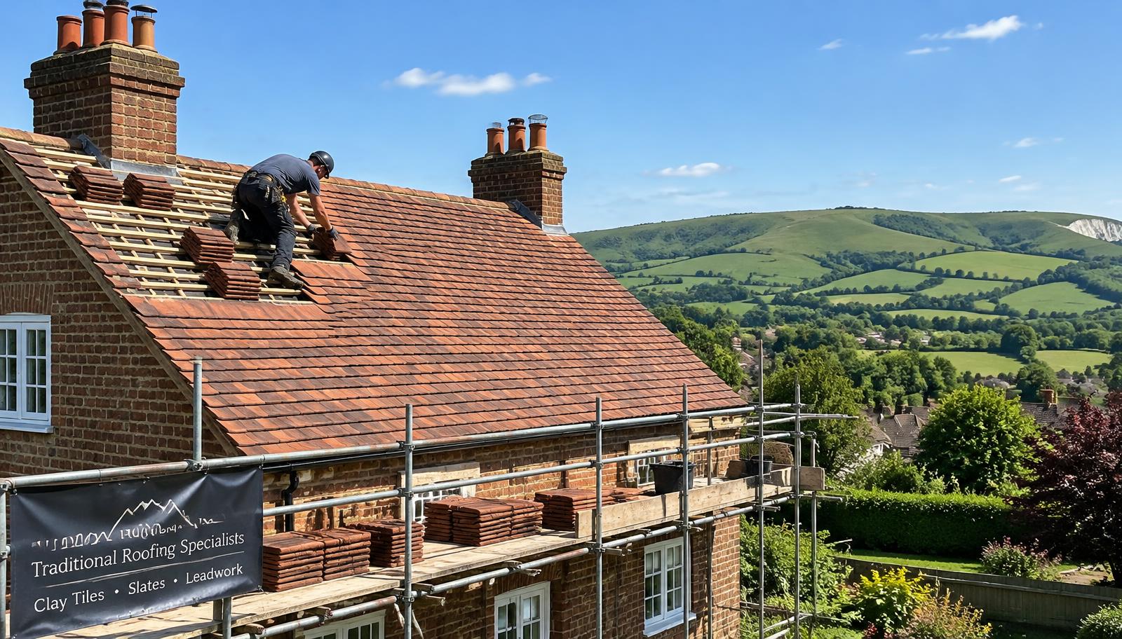 Harris & Son roofer installing new roof tiles in West Sussex